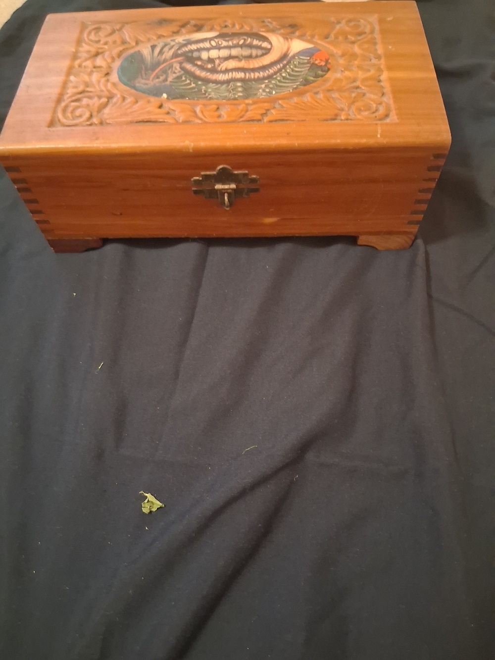 Hand-Carved Wood Jewelry Box with Lizard Inlay